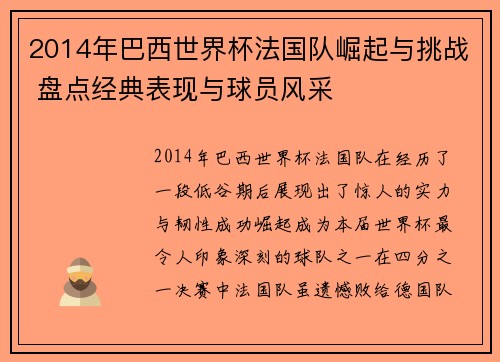 2014年巴西世界杯法国队崛起与挑战 盘点经典表现与球员风采